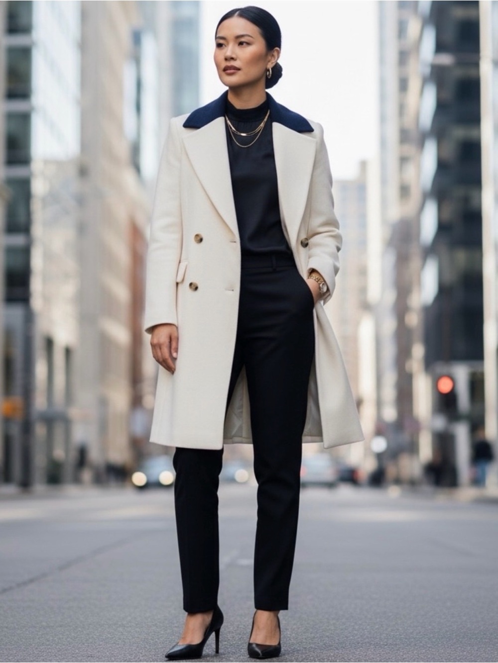 J. Crew Avianna Cream Double-Breasted Coat with Black Collar